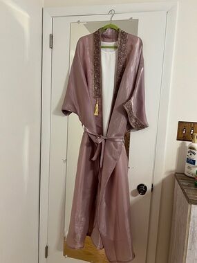 Mauve Satin Embroidered Kimono Robe/Abaya with Tassels
